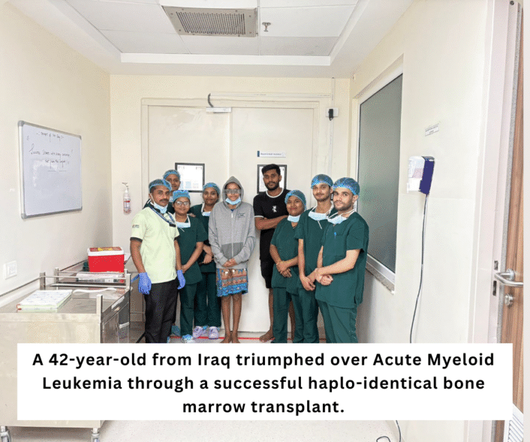 A 42-year-old from Iraq triumphed over Acute Myeloid Leukemia through a successful haplo-identical bone marrow transplant.